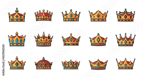 Discover regal elegance with a collection of beautifully designed golden crowns, perfect for royalty and achievement themes.