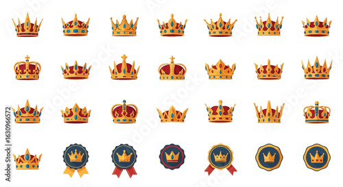 Elegant gold crowns and royal insignia collection symbolizing prestige, power, and achievement.