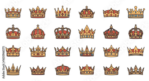 Discover regal elegance with this collection of ornate golden crowns, perfect for luxury branding and royal themes