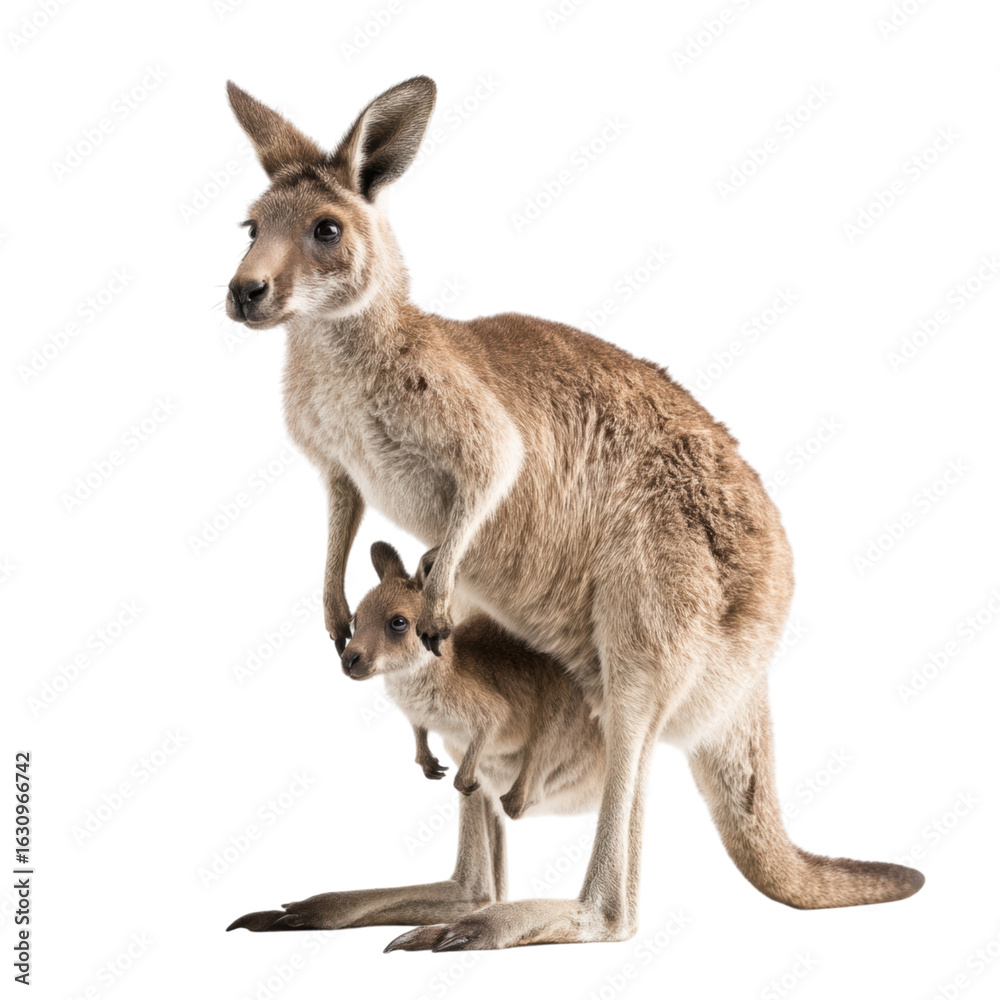 Fototapeta premium Kangaroo with Baby Lying in Its Pouch on White Background