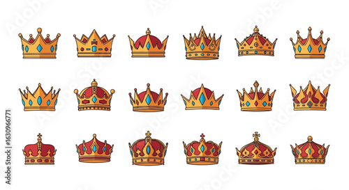 Stunning collection of regal golden crowns adorned with vibrant blue jewels, symbolizing royalty and prestige.