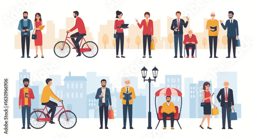 Diverse professionals and citizens enjoying city life, cycling, reading, and commuting daily.