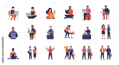 Diverse individuals engaged in daily activities like working, cooking, and socializing, showcasing modern lifestyle.