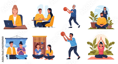 Diverse people engage in work, sports, learning, and wellness activities for a vibrant modern lifestyle