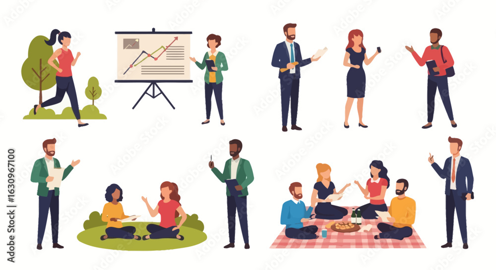 Fototapeta premium Diverse professionals collaborate, present ideas, and enjoy outdoor team building activities for dynamic business concepts.