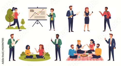 Diverse professionals collaborate, present ideas, and enjoy outdoor team building activities for dynamic business concepts.