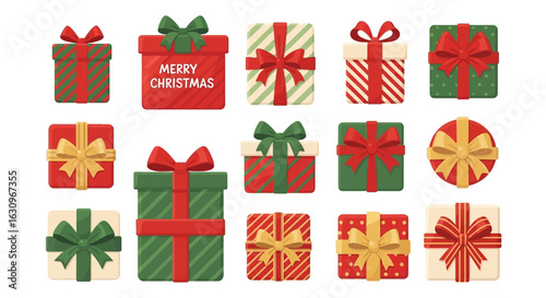 Celebrate the holidays with this stunning collection of festive Christmas gift boxes adorned with ribbons and bows.