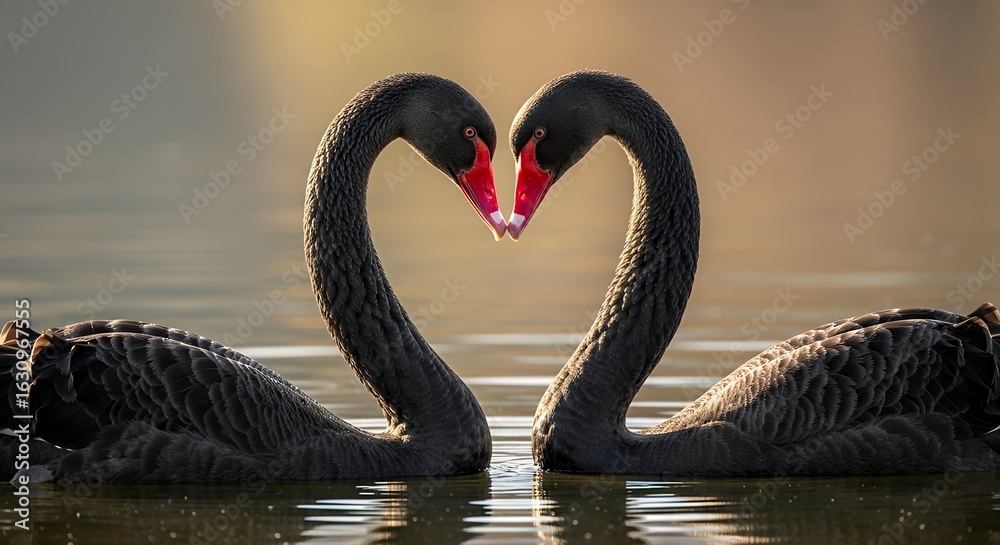 Obraz premium Two black swans forming a heart shape with their necks on a lake.