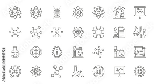 Discover scientific breakthroughs with this modern collection of molecular and lab icons for innovation.