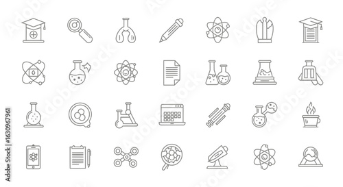 Discover scientific innovation with these modern, clean line art icons for research and education projects