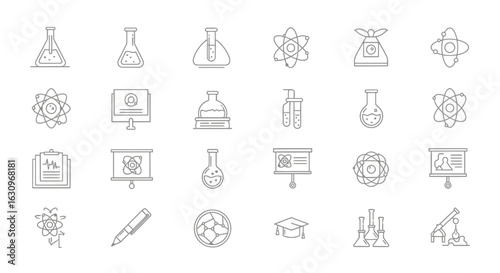 Modern science icons symbolizing research, discovery, and education with clean lines and clear purpose