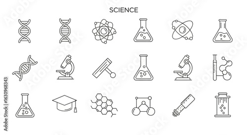 Discover scientific innovation with DNA, atom, beaker, microscope icons for research and education