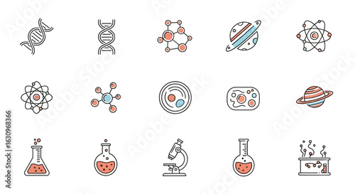 Explore scientific discovery with icons of DNA, atoms, planets, cells, and lab equipment for modern concepts