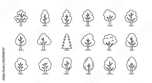 Charming collection of simple line art trees, perfect for nature and eco designs
