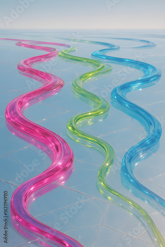Wavy Translucent Tubes of Pink Green and Blue.