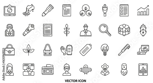 Diverse line icons represent business, technology, and lifestyle concepts for modern design projects