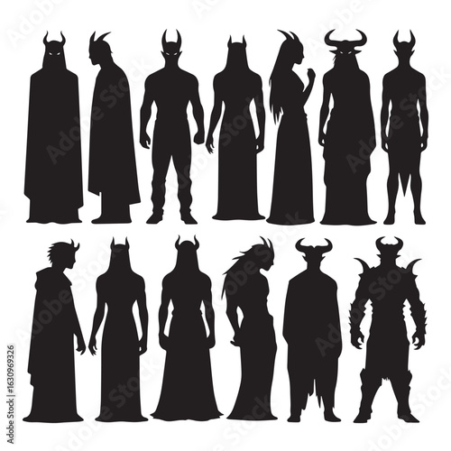  A set of 15 black silhouettes of demonic figures arranged in Silhouette white background. 