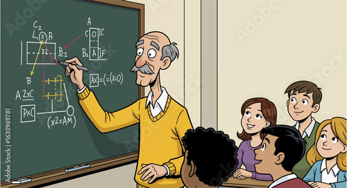 Animated Professor Explaining Complex Math to Attentive Students in a Classroom Setting.
