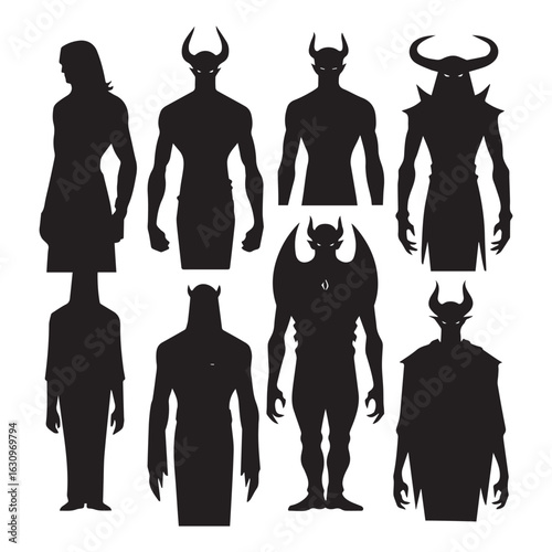  A set of 15 black silhouettes of demonic figures arranged in Silhouette white background. 