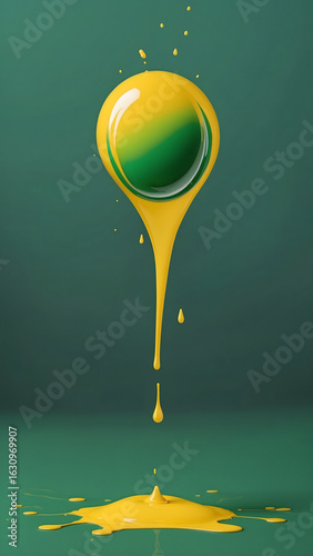 Yellow Liquid Dropping and Splashing on Green Background.