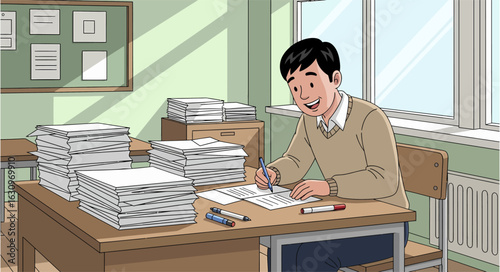 Dedicated Teacher Amidst a Mountain of Papers in a Classroom Setting.