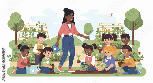 Diverse Children Learning to Garden with a Teacher.