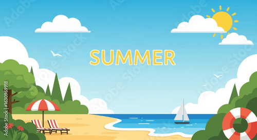 Embrace the ultimate summer vacation with this vibrant beach scene featuring relaxation and adventure.