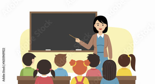 Elementary School Classroom Scene with Teacher and Students.
