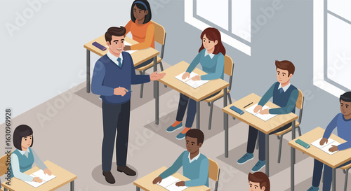 Diverse Students in Classroom with Teacher Focused on Education and Learning.