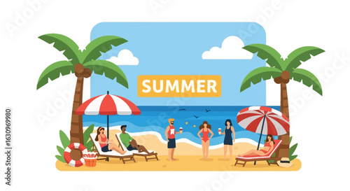 Joyful people relax on sunny beach under palm trees enjoying perfect summer vacation vibes