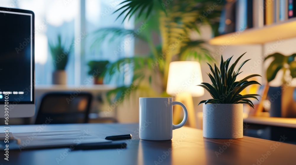 Fototapeta premium Cozy Modern Workspace with Plants and Mug on Wooden Desk