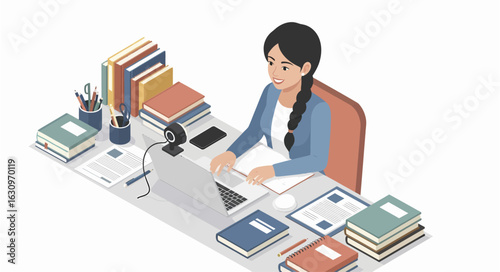 Isometric view of a woman working at a desk with a laptop and books.