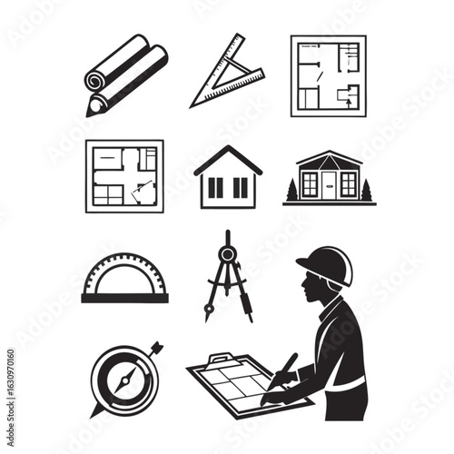 Architectural design tools and professional planning with blueprint house plans and construction worker sketch