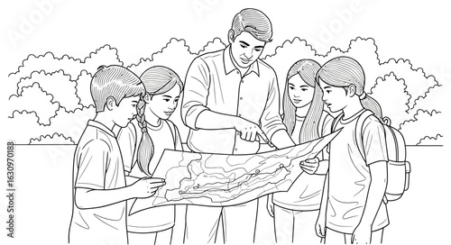 Line art of teacher and students studying a detailed map outdoors.