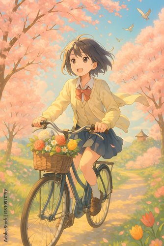 Young Girl Riding Bicycle Through Cherry Blossoms.