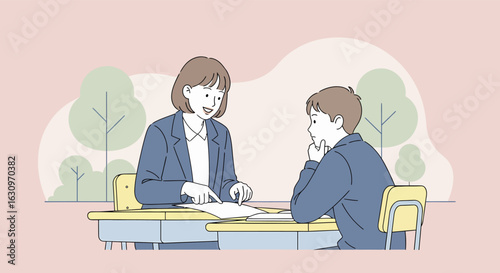 Teacher Explains Paper to Student Focused and Engaged in Discussion.