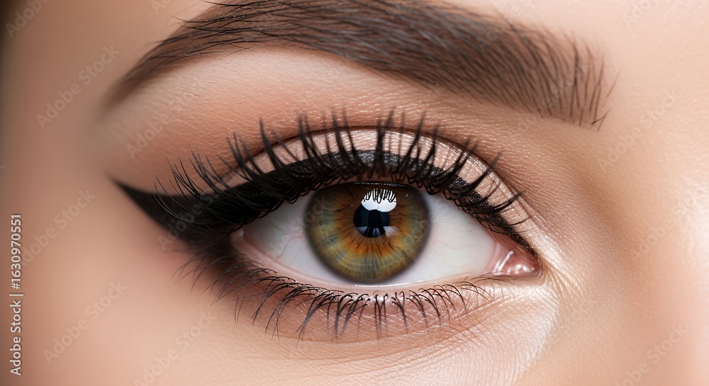 Obraz premium Close-up of a hazel eye with winged eyeliner and long eyelashes.