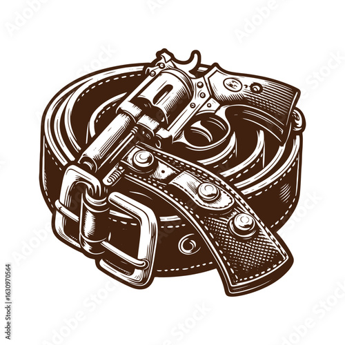 Western Gun Belt with Holster – Black and White Vector Illustration for Engraving and Tracing