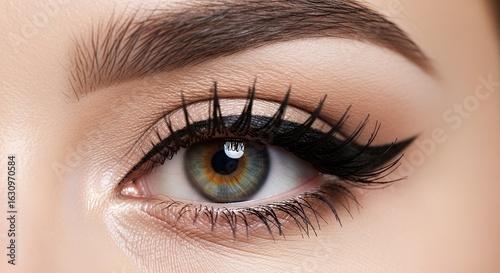 Close-up of a woman's eye with winged eyeliner and long lashes.