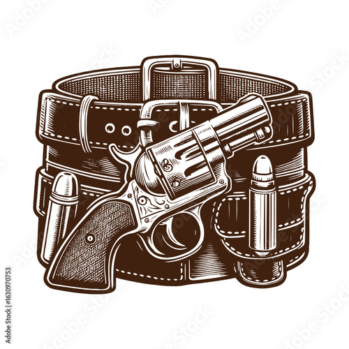 Western Gun Belt with Holster – Black and White Vector Illustration for Engraving and Tracing