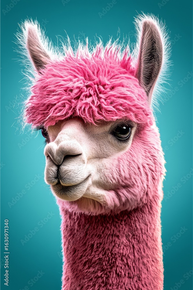 Fototapeta premium This enchanting alpaca showcases an unusual pink hue. 