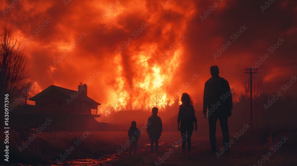 Fototapeta premium Family silhouetted against a fiery disaster background. A house and vehicle sit in the midground, as a family witnesses the intense devastation. Dramatic and ominous scene.