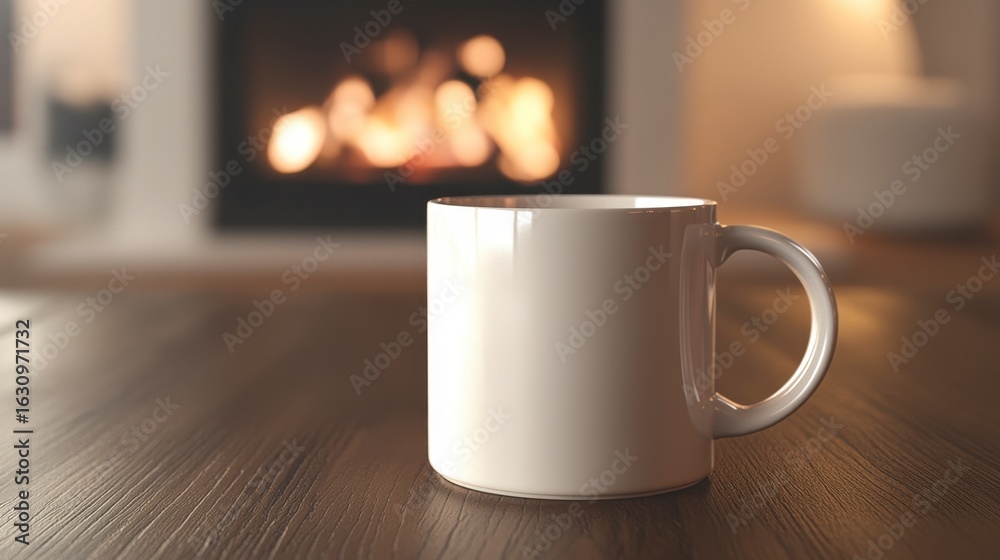Fototapeta premium Cozy White Mug in Front of a Warm Fireplace Glow at Night