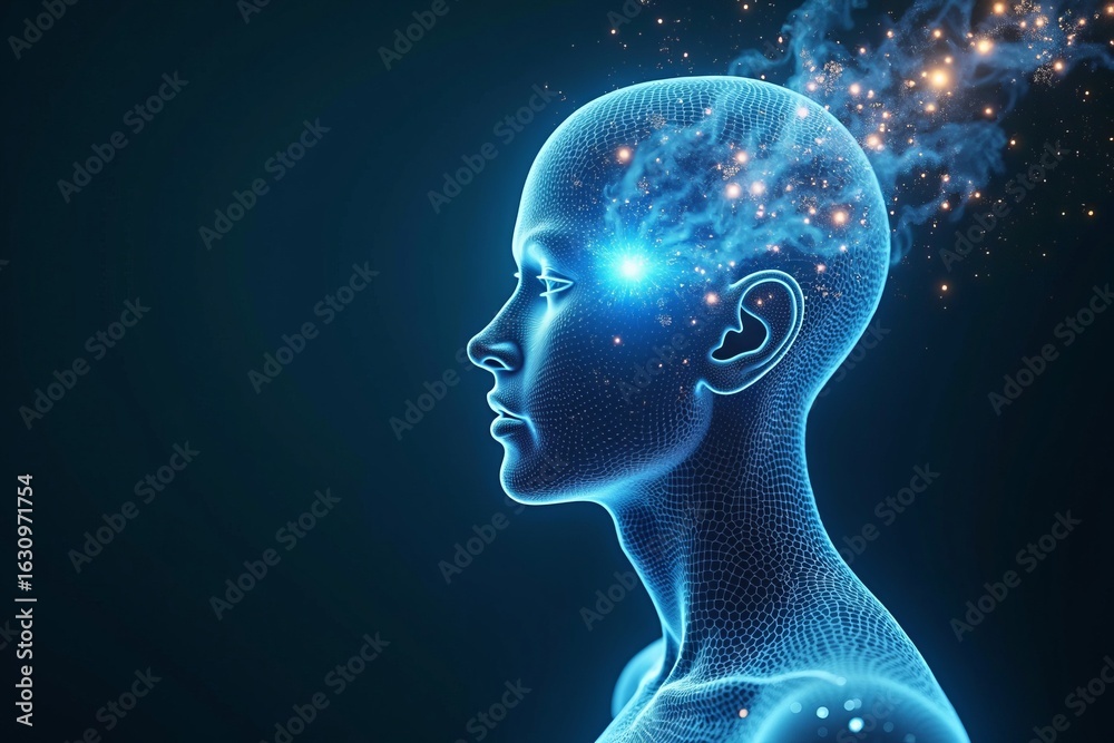 Obraz premium Creativity and human intelligence abstract visualization with glowing particles in digital mesh head on dark background
