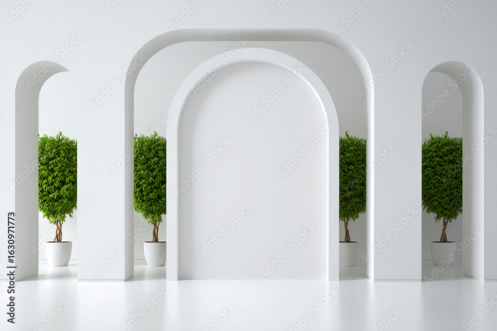 Fototapeta premium Modern architectural arches with minimalist green potted plants