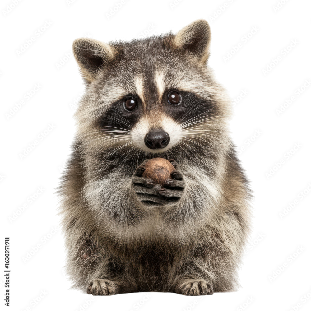 Cute raccoon holding a small object in its paws, close-up focus Cute raccoon holding a small object in its paws, close-up focus