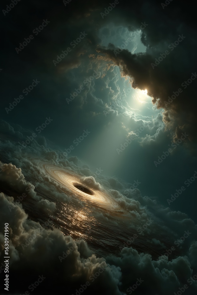 Obraz premium A glowing black hole hovers over a sea of clouds as sunlight pierces through, blending cosmic with terrestrial.