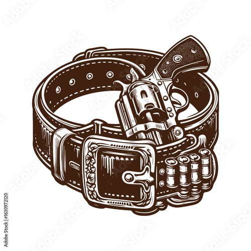 Western Gun Belt with Holster – Black and White Vector Illustration for Engraving and Tracing
