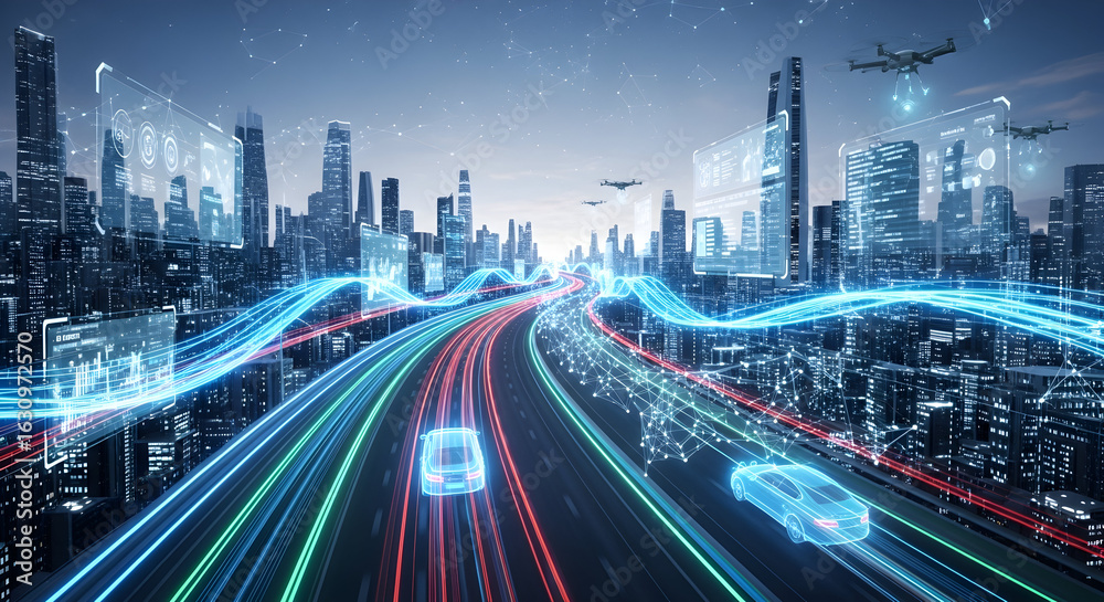 Fototapeta premium Futuristic Cityscape with Glowing Traffic and Drones
