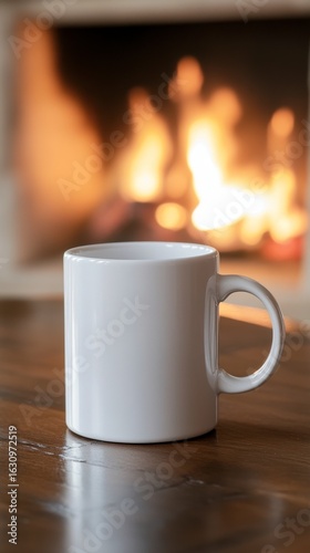 Blank White Coffee Mug Beside Warm Cozy Fireplace for Winter Relaxation